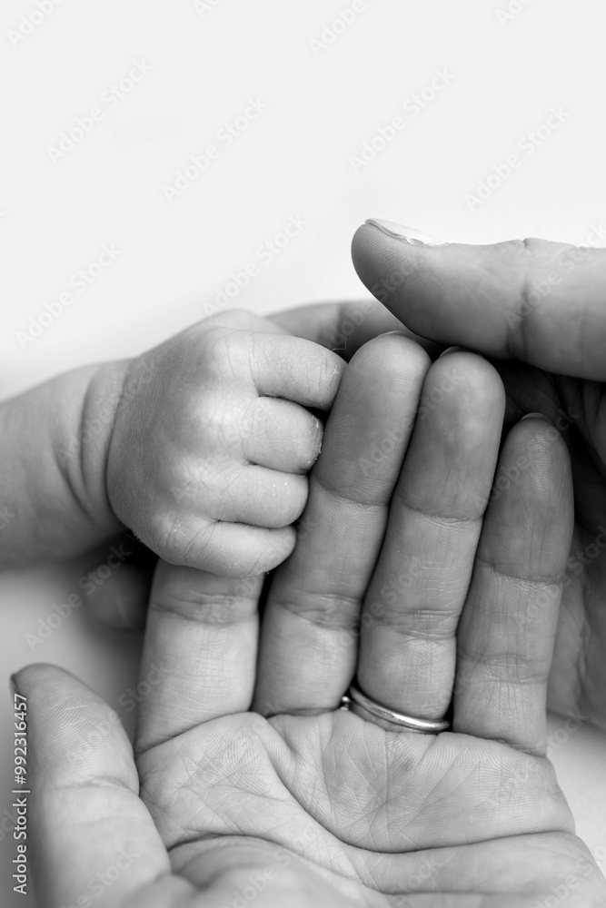 The newborn baby has a firm grip on the parent's finger after birth. Close-up little hand of child and palm of mother and father. Parenting, childcare and healthcare concept. Black and white photo. The newborn baby has a firm grip on the parent's finger after birth. Close-up little hand of child and palm of mother and father. Parenting, childcare and healthcare concept. Black and white photo.