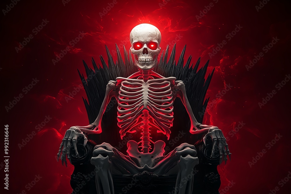 Fototapeta premium A skeleton king seated on a dark throne under a crimson sky, his glowing red eyes piercing through the shadows, in a skeleton fantasy artwork illustration