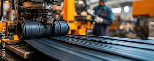 An industrial machine processes rubber sheets on a production line in a factory, with a worker supervising the operation in the background.