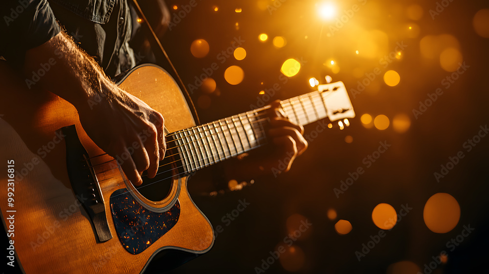 Naklejka premium Acoustic Guitar Performance in Vibrant Stage Lighting