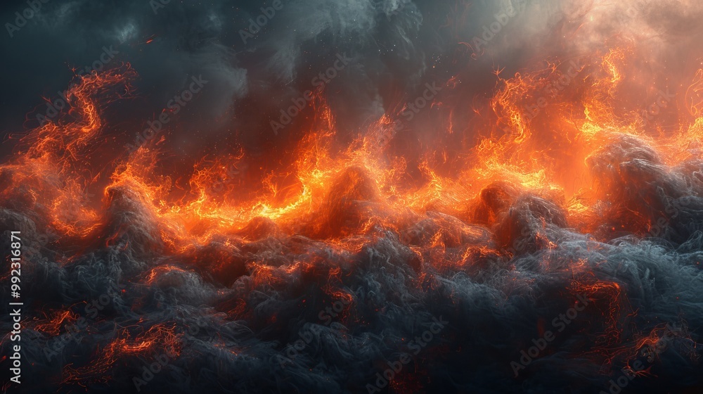 Fiery Storm Clouds Dramatic Sky with Orange and Red Flames, Smoke, and Apocalyptic Atmosphere Fiery Storm Clouds Dramatic Sky with Orange and Red Flames, Smoke, and Apocalyptic Atmosphere