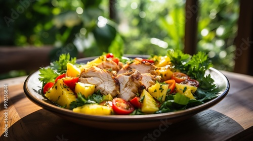 Ackee fruit salad grilled chicken served on a sunlit patio overlooking a garden with the greenery softly blurred emphasizing its role in a balanced proteinrich diet Scientific name Blighia sapida photo