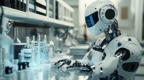 A White Robot Conducting a Scientific Experiment in a Laboratory