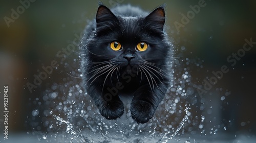 Black Cat Jumping Through Water Splash   Pet Photography