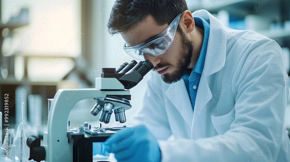 Scientist in a Lab Coat Examining a Sample Through a Microscope Scientist in a Lab Coat Examining a Sample Through a Microscope
