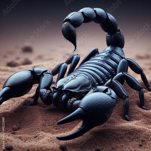 Scorpion on a sandy background with its claws and stinger visible, representing danger and the wild nature of this venomous arachnid photo