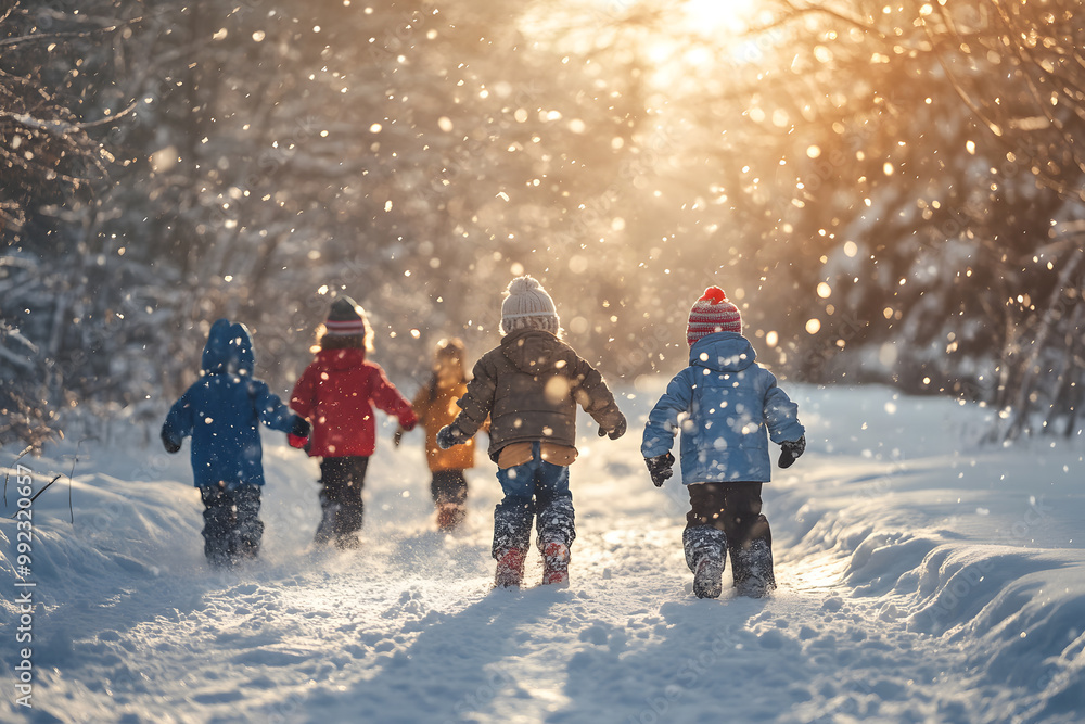 Children Joyfully Running Through Snow Children Joyfully Running Through Snow