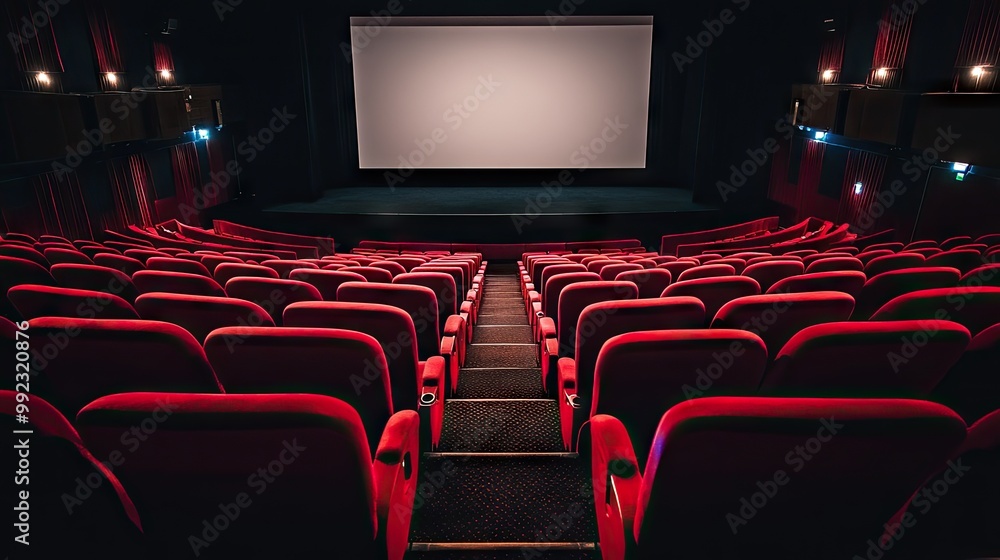 Fototapeta premium Rows of red seats in an empty cinema hall, the large blank screen dominating the room, with soft lighting casting subtle shadows.