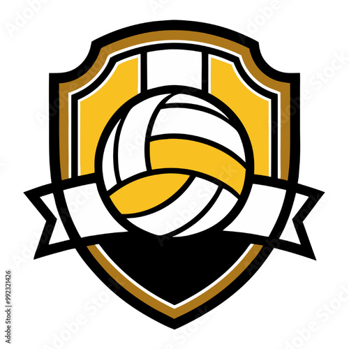 Volleyball Shield Emblem: A bold and dynamic emblem featuring a volleyball within a shield, ready to be customized with team names and colors. Ideal for sportswear, merchandise, and team branding. 