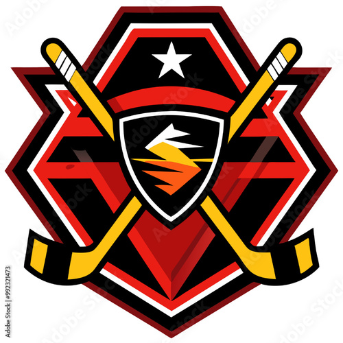 Fiery Hockey Emblem: A bold and striking hockey team logo featuring a shield with a stylized "S" and two crossed hockey sticks, set against a vibrant red and black background.