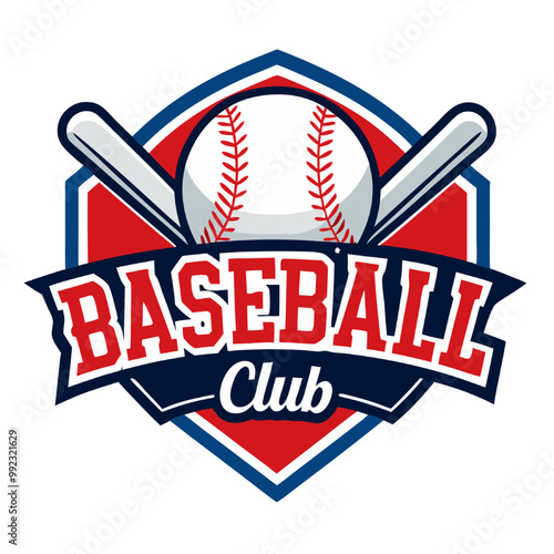 Baseball Club Logo: A classic emblem of baseball featuring a red and blue shield with a white baseball, two crossed bats and the text "Baseball Club" in a bold, vintage-inspired font.