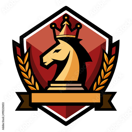 Knight's Crest: A bold and regal emblem featuring a golden knight chess piece adorned with a crown, set against a vibrant red shield with wheat sheaves and a banner for personalization.