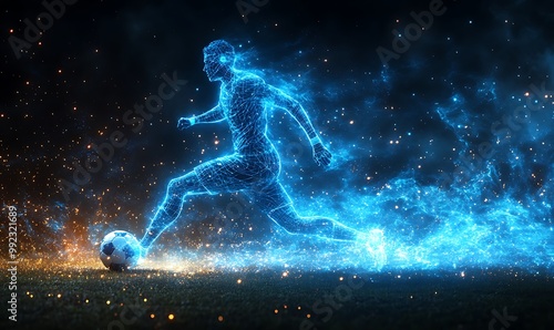  Blue digital soccer player with glowing data, artificial intelligence into athlete performance analysis and training, enhancing player skills, strategy, and overall team performance design 