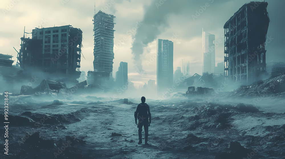 Solitary figure traversing desolate,crumbling cityscape in dystopian wasteland. Futuristic Wasteland. Illustration Solitary figure traversing desolate,crumbling cityscape in dystopian wasteland. Futuristic Wasteland. Illustration