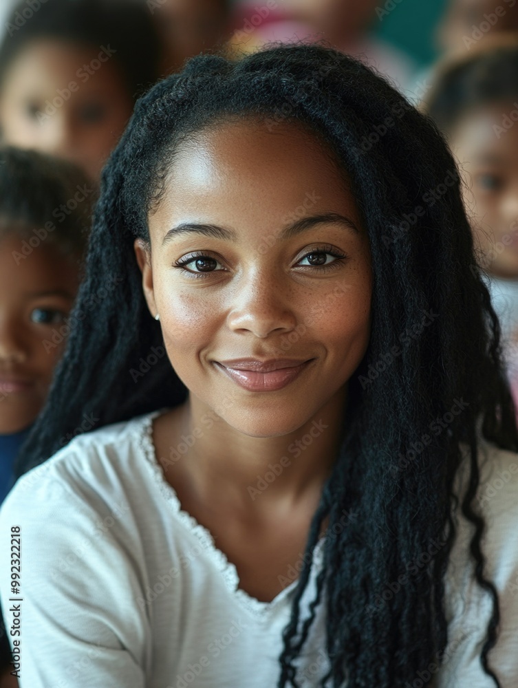 Smiling African American Woman with Braided Hair in a Group Photo Smiling African American Woman with Braided Hair in a Group Photo