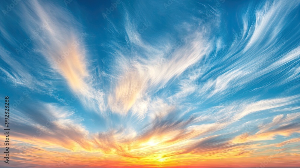 Obraz premium Thin cirrus clouds streaking across a vibrant sunset, their wispy patterns illuminated by the warm colors of the setting sun.