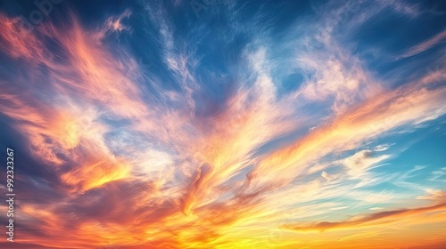 Thin cirrus clouds streaking across a vibrant sunset, their wispy patterns illuminated by the warm colors of the setting sun.