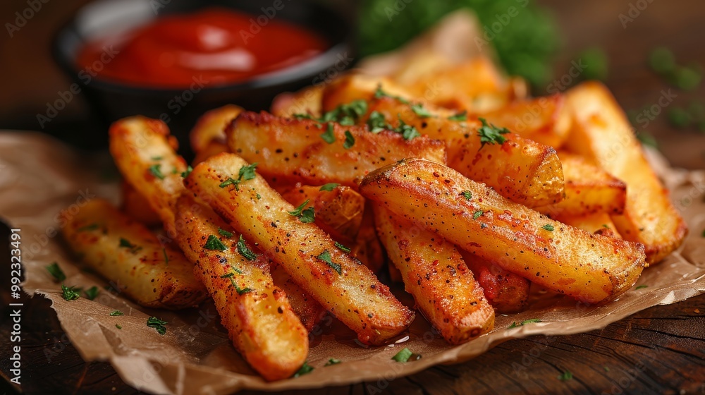 Crispy Golden French Fries with Garnish and Dip Served on Parchment Paper, Food Photography Crispy Golden French Fries with Garnish and Dip Served on Parchment Paper, Food Photography