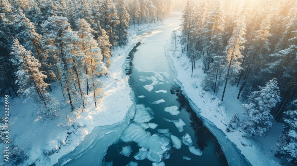 Aerial View of a Snowy River with Ice Formations and Evergreen Trees Aerial View of a Snowy River with Ice Formations and Evergreen Trees
