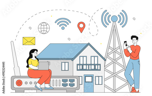 People with internet. Man and woman near tower and Internet router. Wireless connection and modern technologies. Guy and girl with wifi. Linear vector illustration
