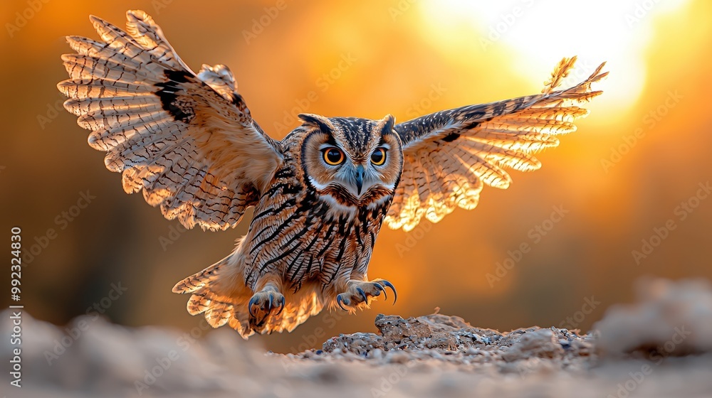 Fototapeta premium Long eared Owl in Flight Sunset Wildlife Nature Photography
