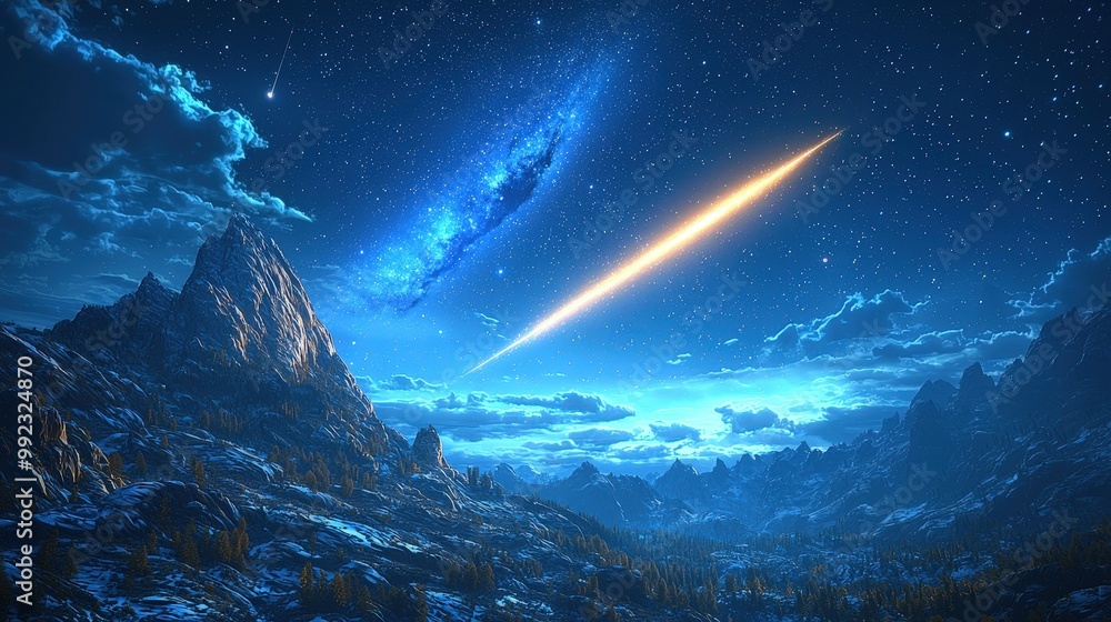 Majestic Mountain Landscape with Milky Way and Shooting Star at Night Majestic Mountain Landscape with Milky Way and Shooting Star at Night