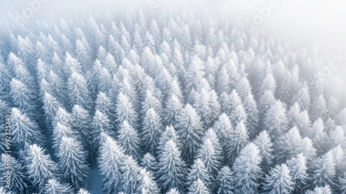 Aerial View of a Snowy Evergreen Forest in Fog