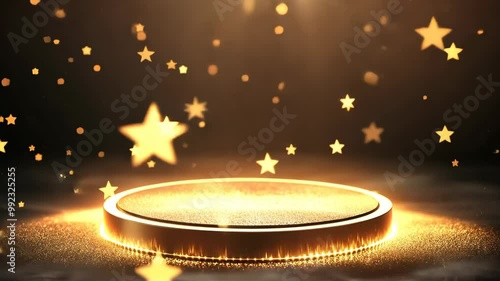 A glowing platform with stars falling on a dark background