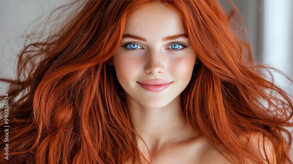 Beautiful Redhead Woman with Long Hair and Blue Eyes Smiling Beautiful Redhead Woman with Long Hair and Blue Eyes Smiling