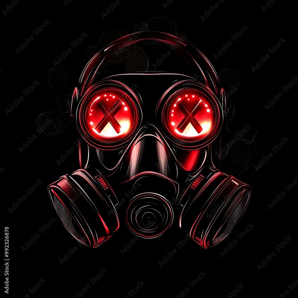 Red Glowing X Gas Mask on Black Background, Cyberpunk Style Red Glowing X Gas Mask on Black Background, Cyberpunk Style