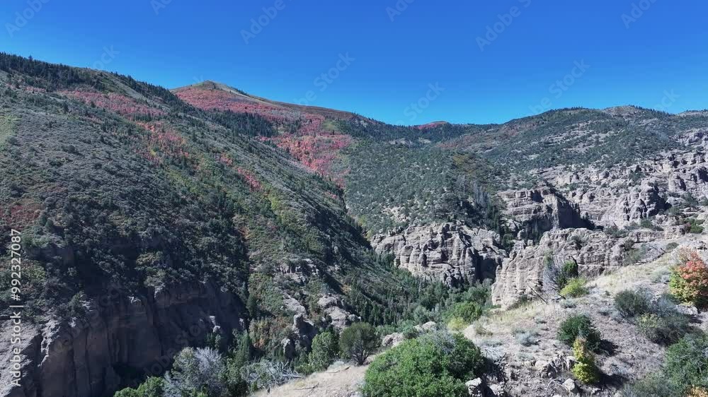 Aerial Maple Canyon rock climb area autumn Utah. Central Utah recreation hiking and exploring. Maple Canyon world famous recreation rock climbing. Erosion narrow box canyon. Hike and explore. Aerial Maple Canyon rock climb area autumn Utah. Central Utah recreation hiking and exploring. Maple Canyon world famous recreation rock climbing. Erosion narrow box canyon. Hike and explore.