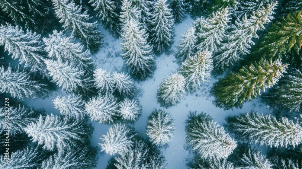 Aerial View of Snow-Covered Evergreens in a Winter Forest Aerial View of Snow-Covered Evergreens in a Winter Forest