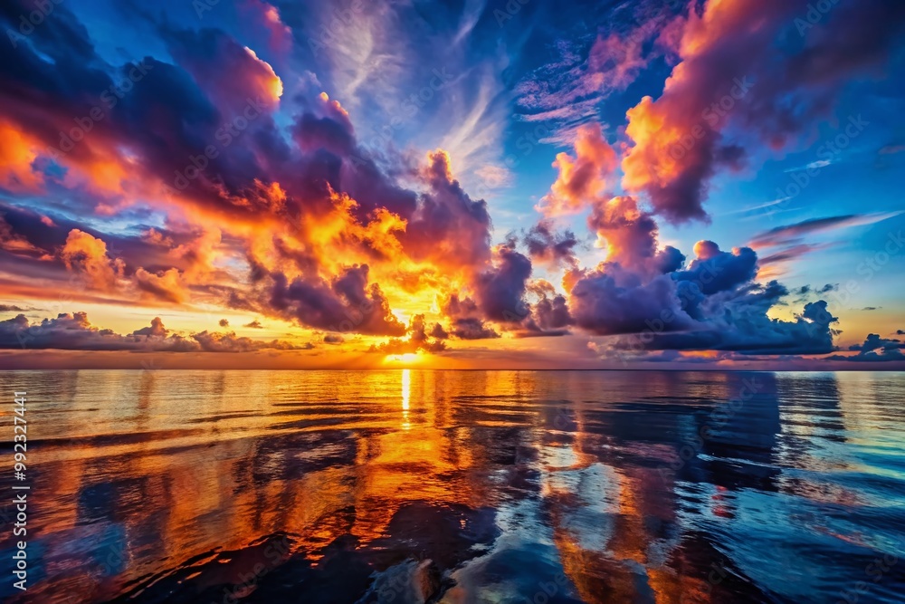 Fototapeta premium Breathtaking Ocean Sunset with Vibrant Colors Reflecting on Calm Water and Silhouetted Clouds