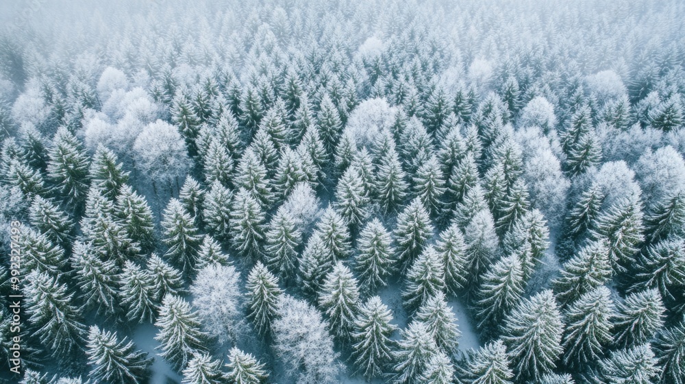 Obraz premium Aerial View of a Snow-Covered Evergreen Forest