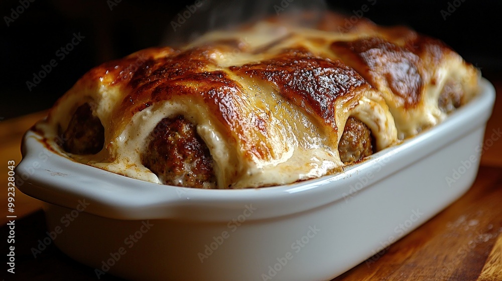 Baked Meatballs with Creamy Sauce in White Dish Baked Meatballs with Creamy Sauce in White Dish