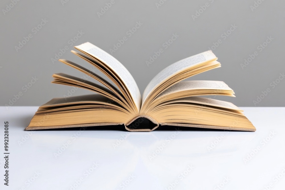 Fototapeta premium A minimalist image of an open book on a clean white table, symbolizing the simple joy of reading for book lovers