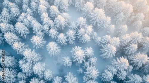 Aerial View of Snow-Covered Pine Trees in a Winter Forest