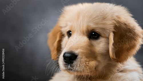 Isolated golden retriever puppy with depth of field showcasing fluffy fur and playful expression