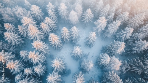 Aerial View of a Snowy Evergreen Forest