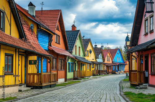 Colorful wooden houses along the street in Miastko, Poland photo