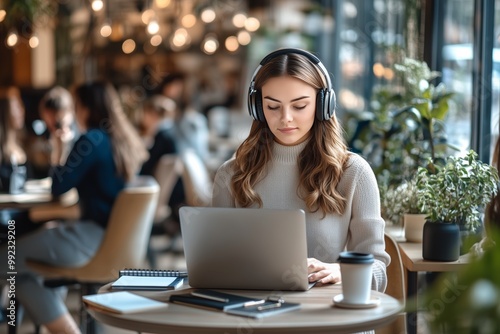 Young woman focused on laptop in a modern caf   while listening to music with headphones