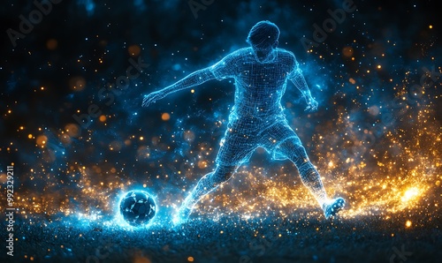  Blue digital soccer player with glowing data, artificial intelligence into athlete performance analysis and training, enhancing player skills, strategy, and overall team performance design 