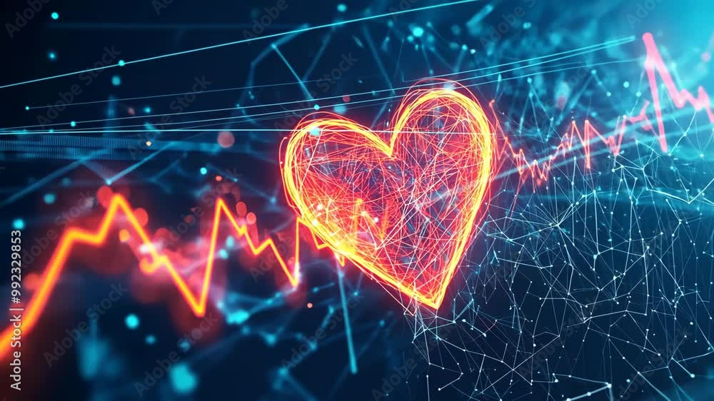 A glowing red heart is shown against a background of blue and red lines, representing a heart rate A glowing red heart is shown against a background of blue and red lines, representing a heart rate