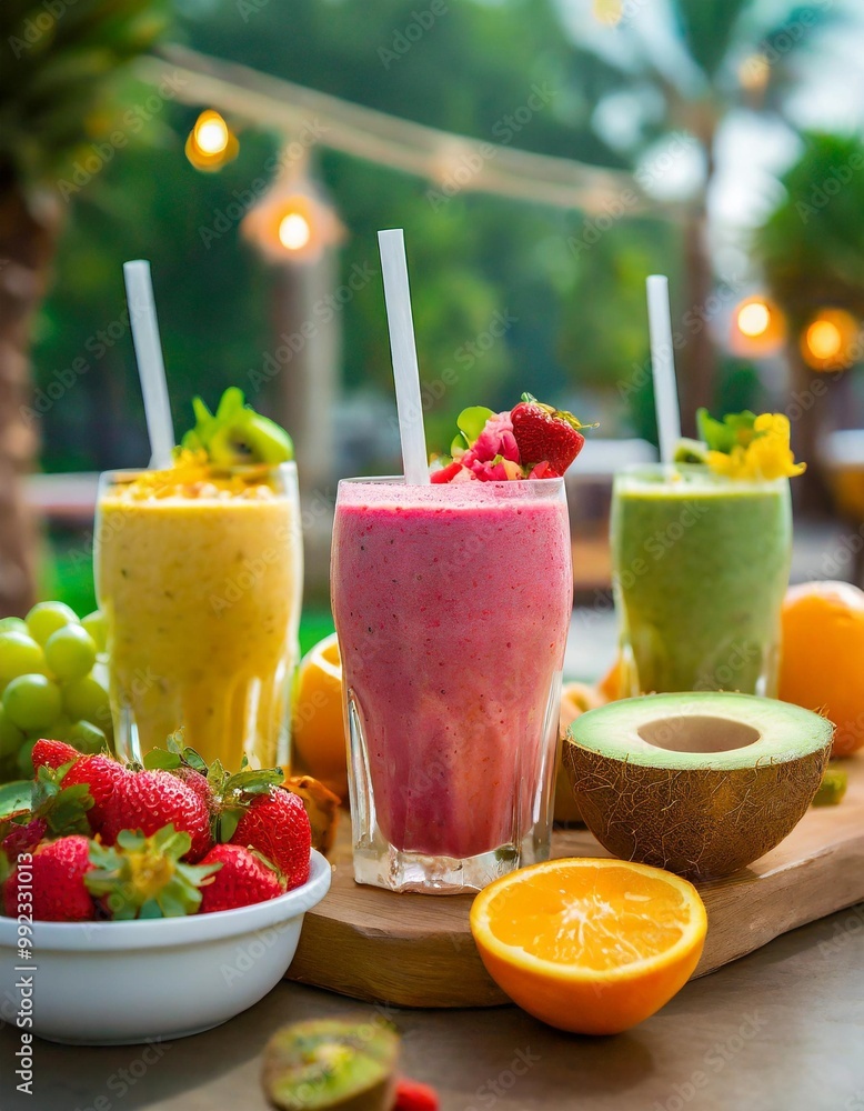 Delicious vegan smoothies with depth of field showcasing colorful fruits and healthy boosts Delicious vegan smoothies with depth of field showcasing colorful fruits and healthy boosts