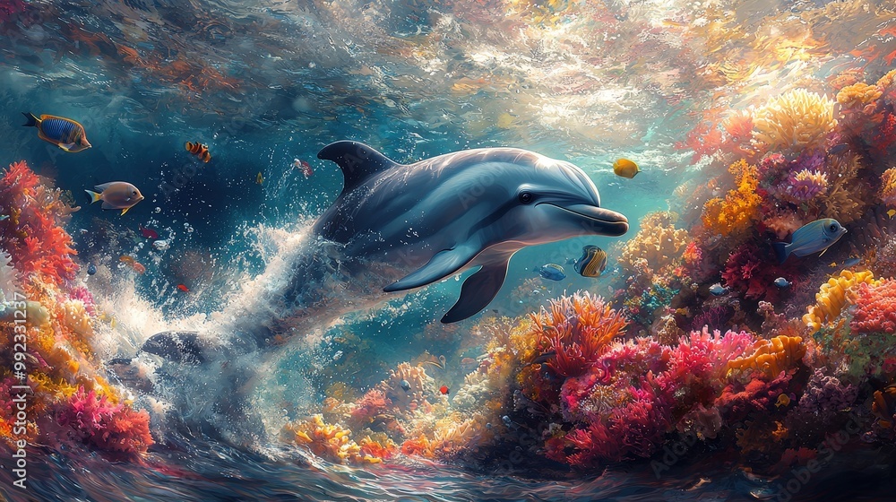 Obraz premium Dolphin Swimming Through Vibrant Coral Reef