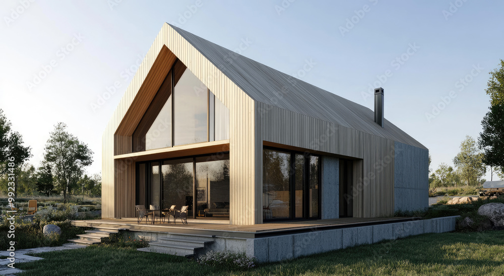 Modern house with wooden cladding and large windows, rendered concrete facade with a gable roof. Modern house with wooden cladding and large windows, rendered concrete facade with a gable roof.