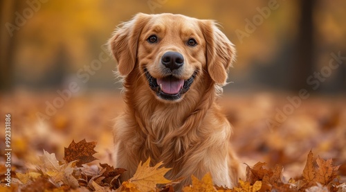 Golden Retriever in Autumn Leaves