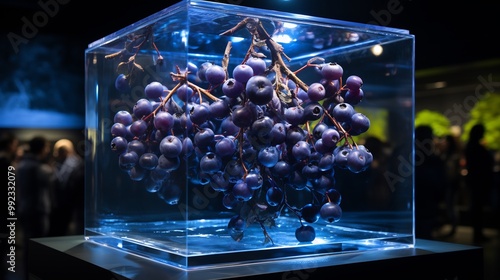 Bilberries suspended clear glass cube displayed part of artistic wellness exhibit visitor learning about nutritional benefit of fruit balanced healthconscious lifestyle Scientific name Vaccinium photo