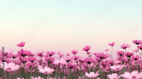 Flower field in the morning mist, mystical and serene, 3D illustration