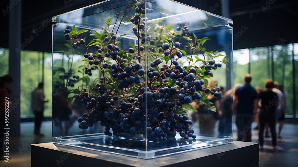 Obraz premium Bilberries suspended clear glass cube displayed part of artistic wellness exhibit visitor learning about nutritional benefit of fruit balanced healthconscious lifestyle Scientific name Vaccinium